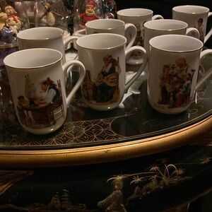 Vintage Norman Rockwell Coffee Mugs Set of 8 White With 24KT Gold Trim Retro Art